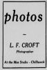 L.F. Croft (Mee Studio) ad, <i>Chilliwack Free Press</i>, 13 Jun 1912, p. 8.